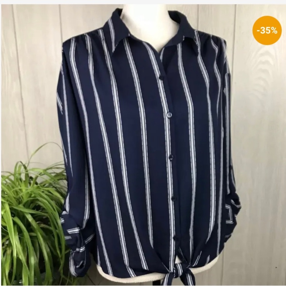 Charter Club Striped Button Down Roll Tab Sleeve Tie Front Top Size Large